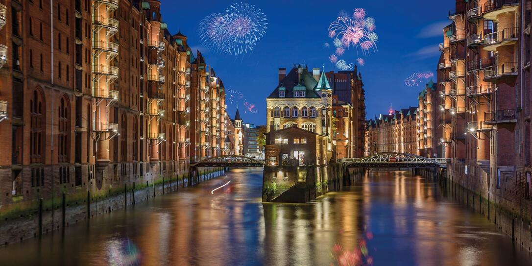 Hamburger Speicherstadt on New Year's Eve.