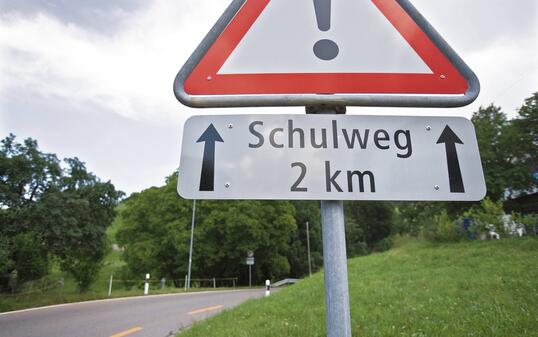 SCHWEIZ, SCHILD, SCHILDER, VERKEHRSSCHILD, GEFAHRENSCHILD, GEFAHRENSIGNAL, SIGNAL, SIGNALE, SIGNALISATION, SIGNALISATIONSSCHILD, SCHULWEG, STRASSE, STRASSEN, WIESE, GRAS, LANDSCHAFT, WALD, WAELDER, GEFAHR, VELOWEG, VELOWEGE, FAHRRADWEG, FAHRRADWEGE, SCHUL