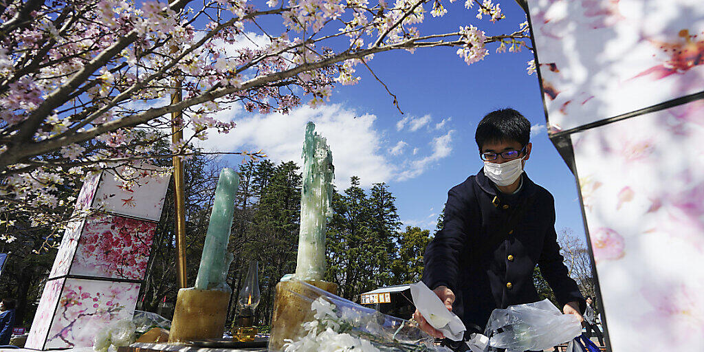 Ein Mann legt in Tokio Blumen für die Opfer der Atomkatastrophe von Fukushima vor neun Jahren nieder - wegen der Corona-Epidemie wurde die öffentliche Gedenkzeremonie abgesagt.