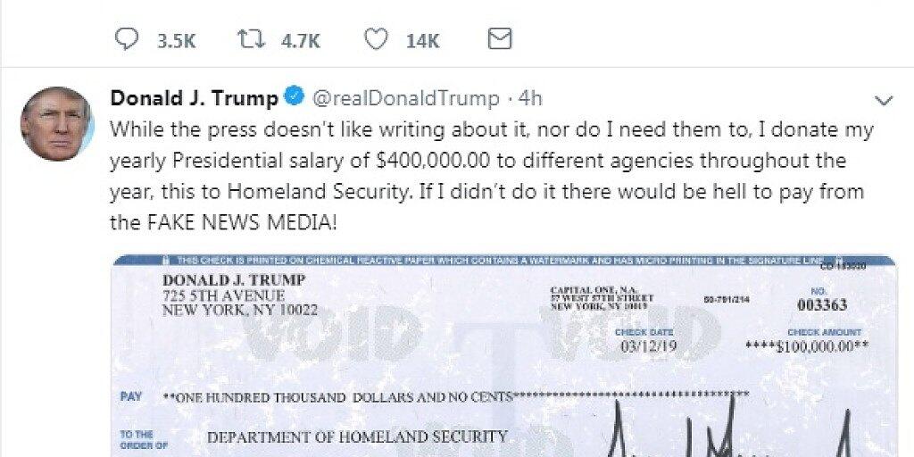 US-Präsident Donald Trump veröffentlichte auf Twitter ein Bild seines Spendenchecks an das Heimatministerium im Wert von 100'000 Dollar. (Screenshot) US-Präsident Donald Trump veröffentlichte auf Twitter ein Bild seines Spendenchecks an das Heimatministerium im Wert von 100'000 Dollar. (Screenshot)
