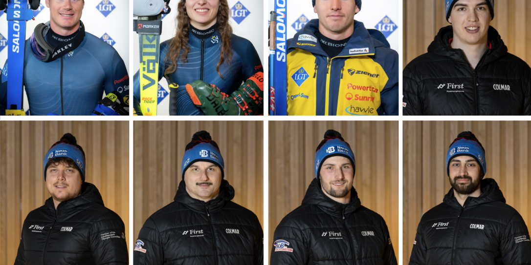 Marco Pfiffner (Ski alpin), Madeleine Beck (Ski alpin), Robin Frommelt (Ski nordisch) und Martin Kranz (Bob) (oben, v.&thinsp;l.) sowie Lorenz Lenherr, Mauro B&uuml;hler, David Tschofen und Ozan Bektas (alle Bob) (unten v.&thinsp;l.) vertreten Liechtenstein an den Olympischen Spielen 2026.
