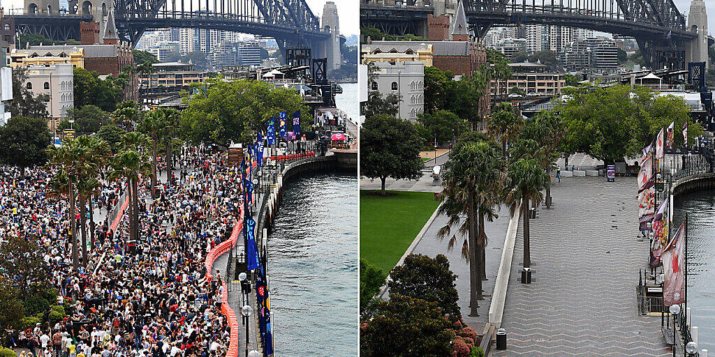 A composite image created on Thursday, December 31, 2020, compares the Circular Quay New Year’s Eve. 2019 crowd size with 2020. **..NSW Police patrol Circular Quay on New Year’s Eve in Sydney, Thursday, December 31, 2020. Sydneysiders were asked to stay home and watch the fireworks on television this year to due the COVID-19 pandemic. (AAP Image for NSW Government/Dan Himbrechts) NO ARCHIVING.***.Crowds building around the Sydney Harbour foreshore at Circular Quay during New Year's Eve celebrati