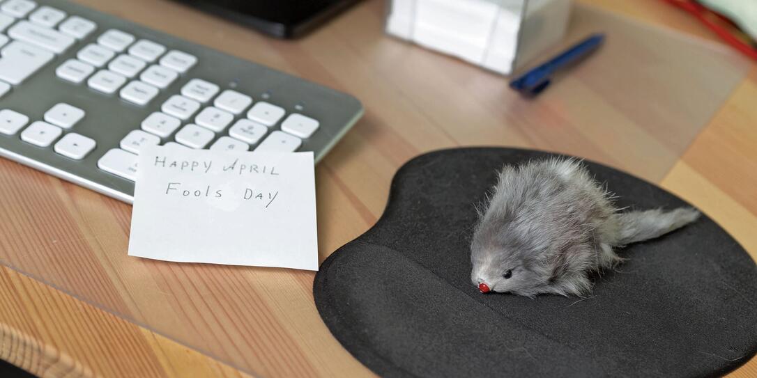 The computer mouse has been replaced with a plush toy mouse. April Fool's joke
