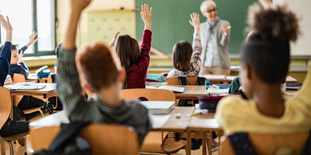 Rear view of elementary students raising hands on a class.