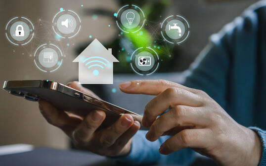 Human use smartphone house smart home automation control system app, IOT, connected object, devices, innovation technology internet network, home, wi-fi, smart home technology concept