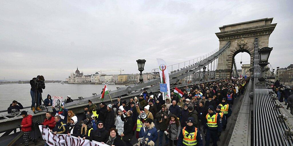 Demonstrierende in Budapest tragen ein Transparent mit der Aufschrift: "Wir haben es satt". Sie protestieren gegen ein neue Überstundengesetz und die Korruption im Umfeld der Orban-Familie.