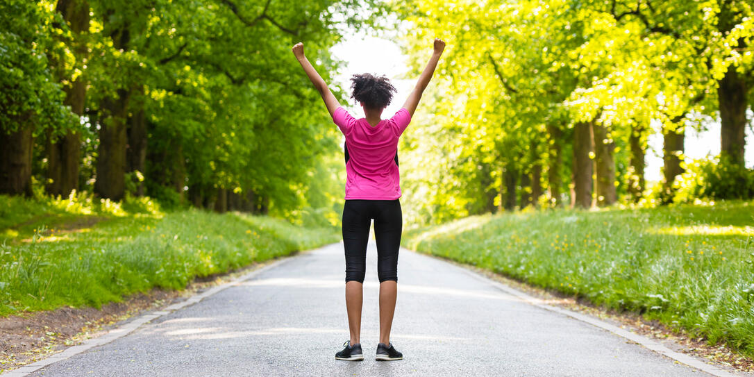 Young Woman Teenager Fitness Running Celebrating
