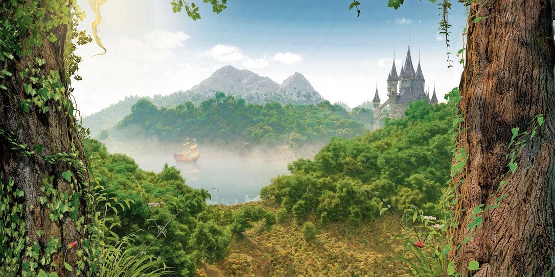 View through a beautiful enchanting fairy tale woodland onto a castle and a sailing ship View through a beautiful enchanting fairy tale woodland onto a castle and a sailing ship