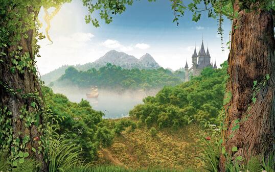 View through a beautiful enchanting fairy tale woodland onto a castle and a sailing ship