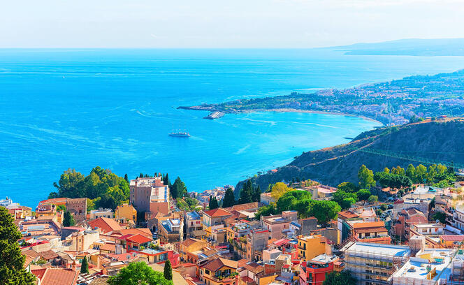 Cityscape of Taormina and Mediterranean Sea Sicily