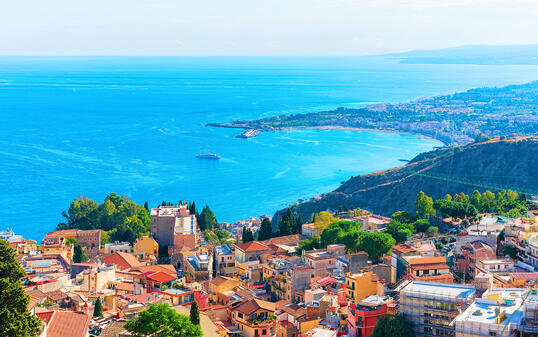 Cityscape of Taormina and Mediterranean Sea Sicily