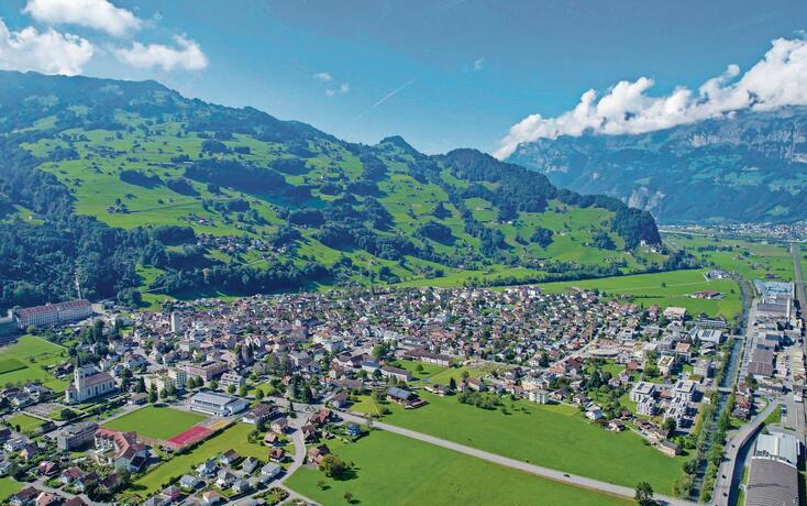Aerial view around the downtown of the city Flums, St Gallen in switzerland