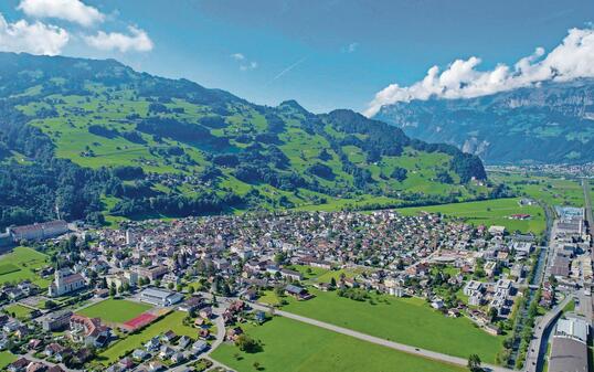 Aerial view around the downtown of the city Flums, St Gallen in switzerland