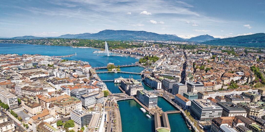 Aerial view of Leman lake -  Geneva city in Switzerland