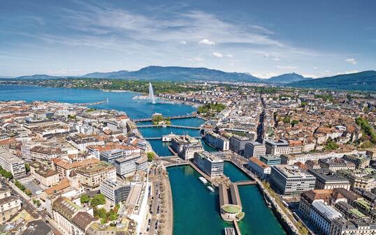 Aerial view of Leman lake -  Geneva city in Switzerland