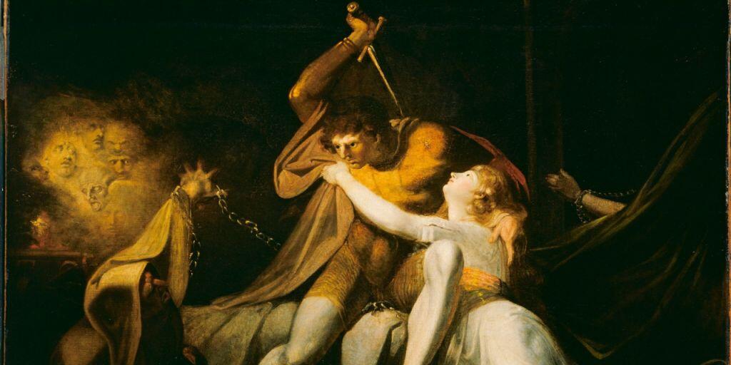 Dramatisch ausgeleuchtete Szenen sind typisch für Füssli, wie hier beim Ölgemälde "Parzival befreit Belisane aus der Umarmung durch Urma" von 1783.