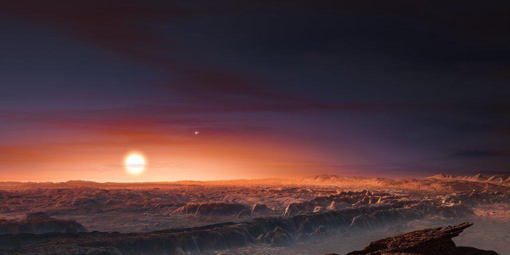 So stellen sich Wissenschaftler den Blick von der Oberfläche des neu entdeckten Exoplaneten auf sein Zentralgestirn Proxima Centauri vor. (Künstlerische Darstellung)
