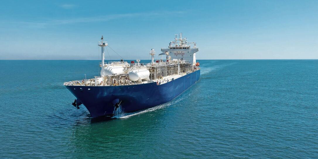 Aerial view of LPG gas ship. Gas carrier, gas tanker sailing in ocean
