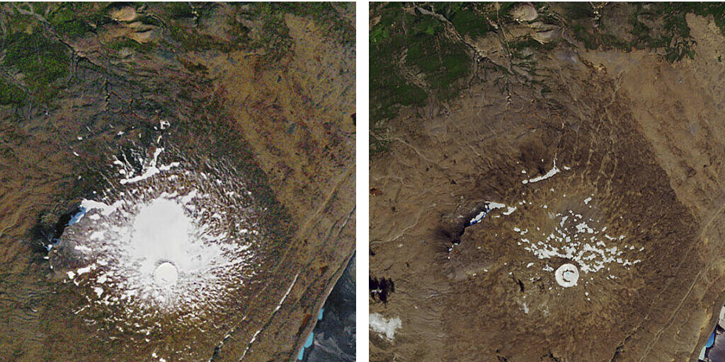 Im Jahr 1986 (links) noch ein stolzer Gletscher, nun ist er offiziell "tot" (rechts). Der Okjokull-Gletscher in Island.