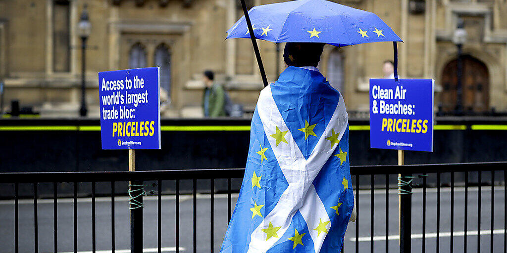 Ein Mann demonstriert in London gegen den Brexit.