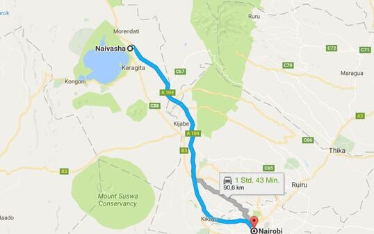 Auf der Autobahn zwischen den kenianischen Städten Nairobi und Naivasha ist ein Tanklastwagen explodiert. (Bild googlemaps)