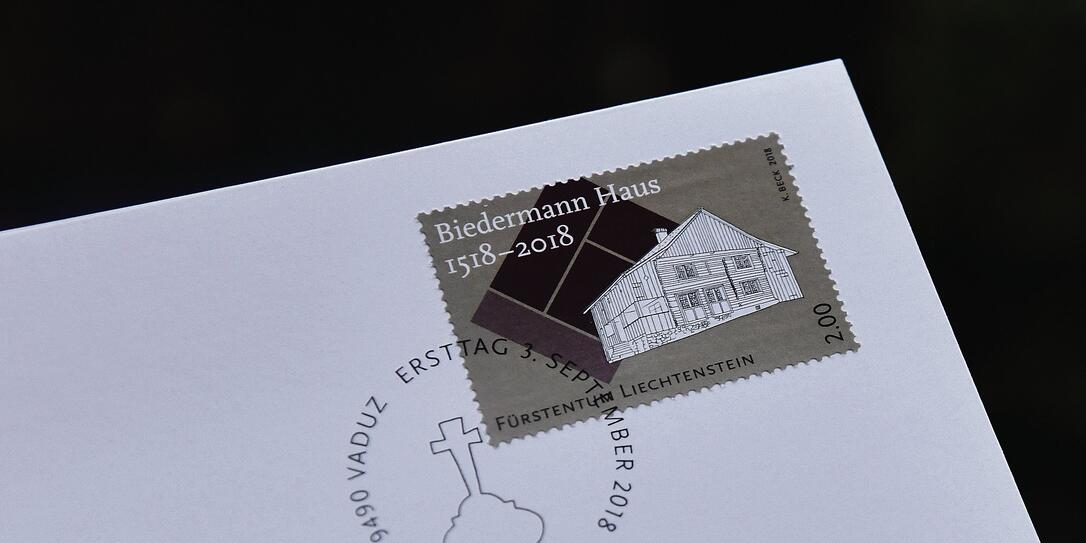 Präsentation Briefmarke 'Biedermannhaus ' Schellenberg