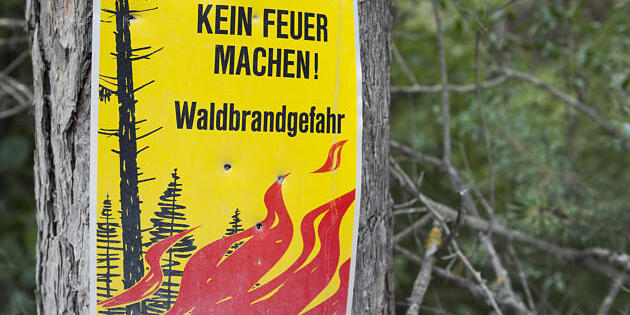 HITZE, FEUERVERBOT, VERBOT, WARNUNG, WALDBRANDGEFAHR, WARNSCHILD, BAUMSTAMM,