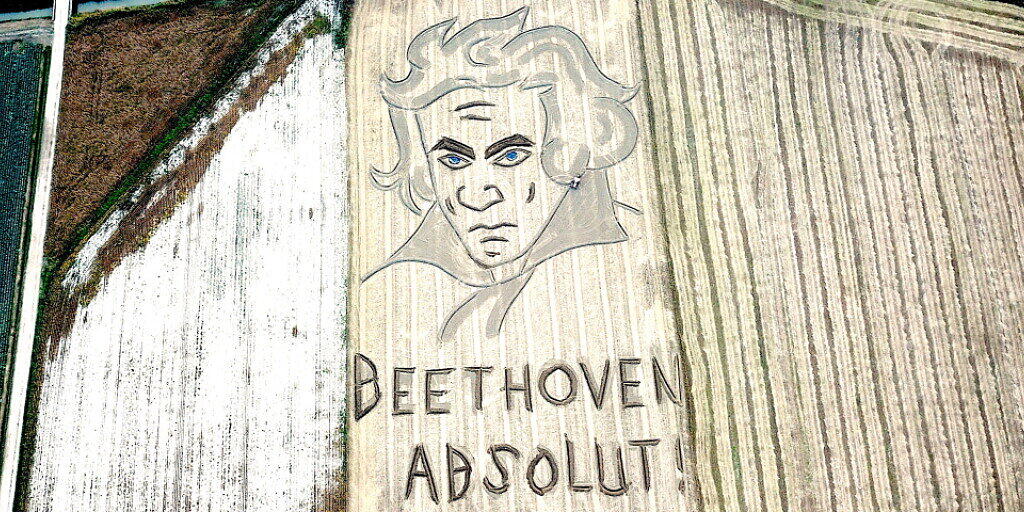 HANDOUT - Ein Bildnis des Komponisten Ludwig van Beethoven und sein Geburtsjahr 1770 ist in einem Feld zu sehen, das der Maler und Land-Art-Künstler Dario Gambarin mit Traktor und Pflug "gezeichnet" hat Foto: Dario Gambarin/dpa - ACHTUNG: Nur zur redaktionellen Verwendung im Zusammenhang mit der aktuellen Berichterstattung und nur mit vollständiger Nennung des vorstehenden Credits