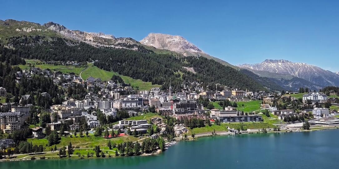 Aerial panorama of St. Moritz (Sankt Moritz), high Alpine resort town in the Engadine, Graubunden, Switzerland.
