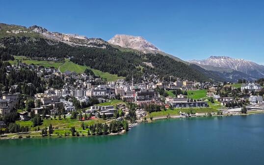 Aerial panorama of St. Moritz (Sankt Moritz), high Alpine resort town in the Engadine, Graubunden, Switzerland.