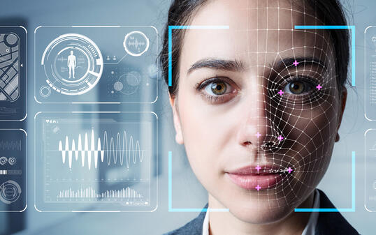 Authentication by facial recognition concept. Biometric. Security system.