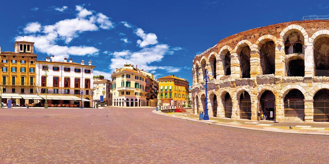 Roman amphitheatre Arena di Verona and Piazza Bra square panoram