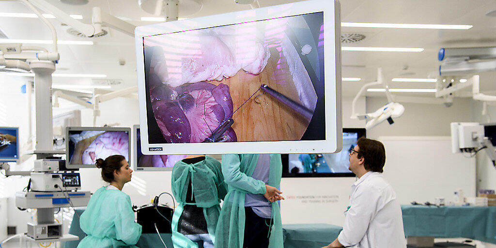 Angehende Chirurgen folgen einem Lehrgang in Laparoskopie im neuen Ausbildungszentrum der Swiss Foundation for Innovation and Training in Surgery (SFITS) am Genfer Universitätsspital.