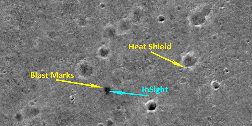 Die Aufnahme der Berner Mars-Kamera CaSSIS zeigt die Landezone des NASA-Landers "InSight". Das Bild umfasst eine Fläche von 2,25 mal 2,25 Kilometern in der Ebene Elysium Planitia nördlich des Mars-Äquators.