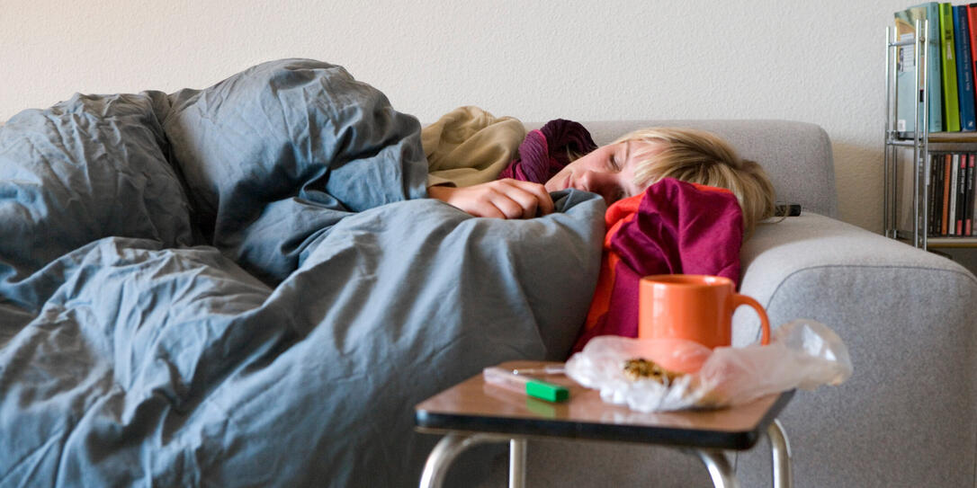 GRIPPE, ERKAELTUNG, KRANK, KRANKHEIT, PATIENTIN, SOFA, TEE, TASSE, FIEBERTHERMOMETER, FIEBERMESSER, THERMOMETER, BISCUITS, SCHLAFEN,