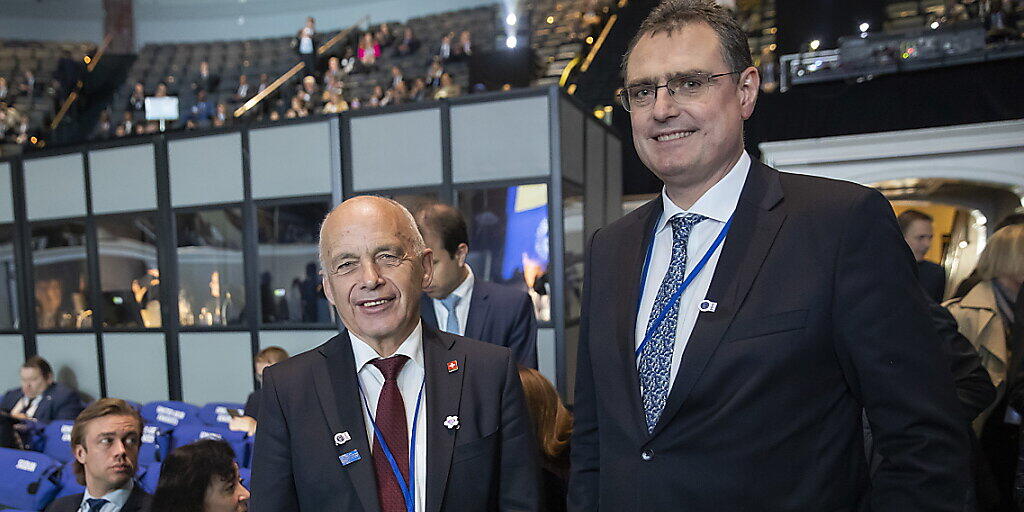 Bundespräsident Maurer und Nationalbank-Chef Jordan nahmen an der Plenarsitzung der IWF-Jahrestagung in Washington teil. (Bild vom 18. Oktober)